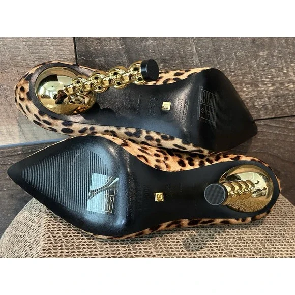 KAT MACONIE Lydia Leopard Pointed Toe Pumps Size 6 Gold Chain Heels Black Brown - Picture 6 of 9